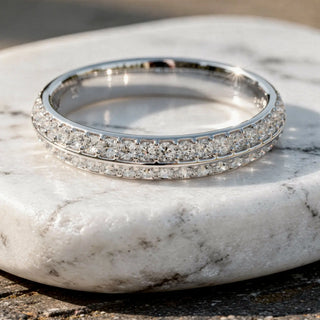 Close-up: Round Diamond Ring with Pave Setting in 14k White Gold - Lab Grown - Driona Jewels