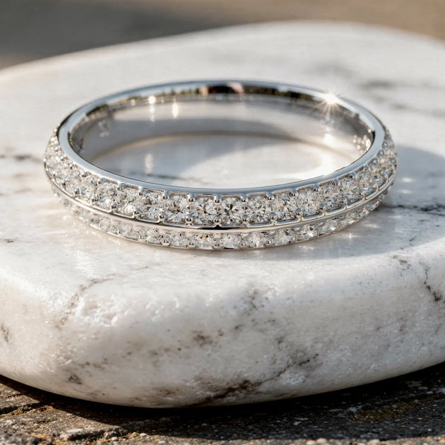 Close-up: Round Diamond Ring with Pave Setting in 14k White Gold - Lab Grown - Driona Jewels