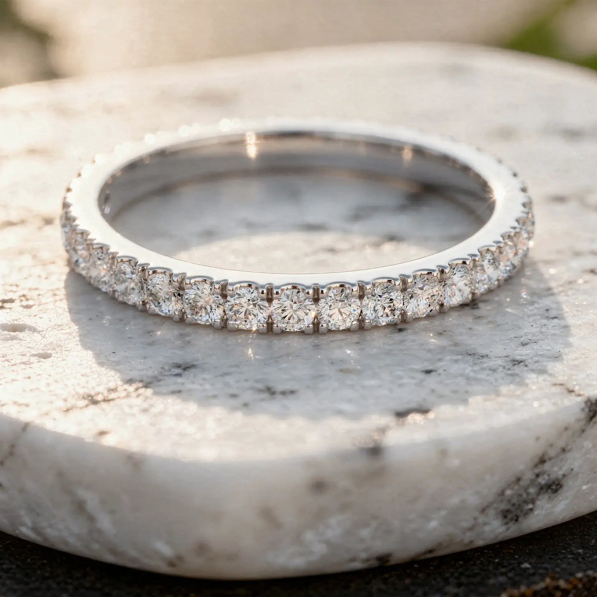 Close-up: Round Diamond Ring with Pave Setting in 14k White Gold - Lab Grown - Driona Jewels