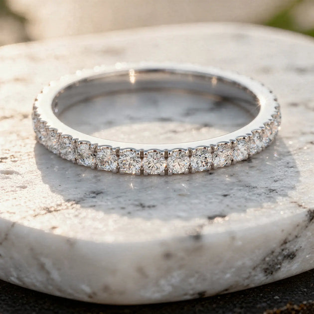Close-up: Round Diamond Ring with Pave Setting in 14k White Gold - Lab Grown - Driona Jewels