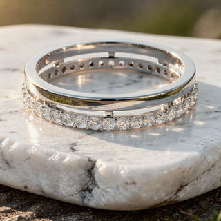 Flat Lay: Round Diamond Ring with Pave Setting in 14k White Gold - Lab Grown - Driona Jewels
