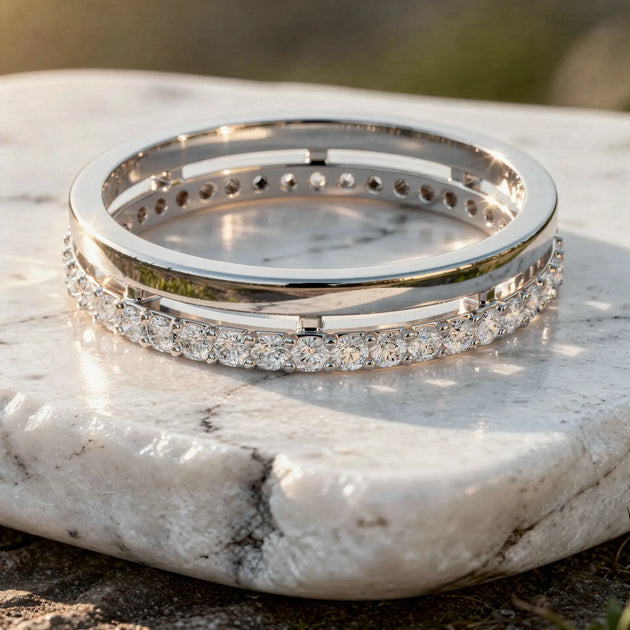 Flat Lay: Round Diamond Ring with Pave Setting in 14k White Gold - Lab Grown - Driona Jewels
