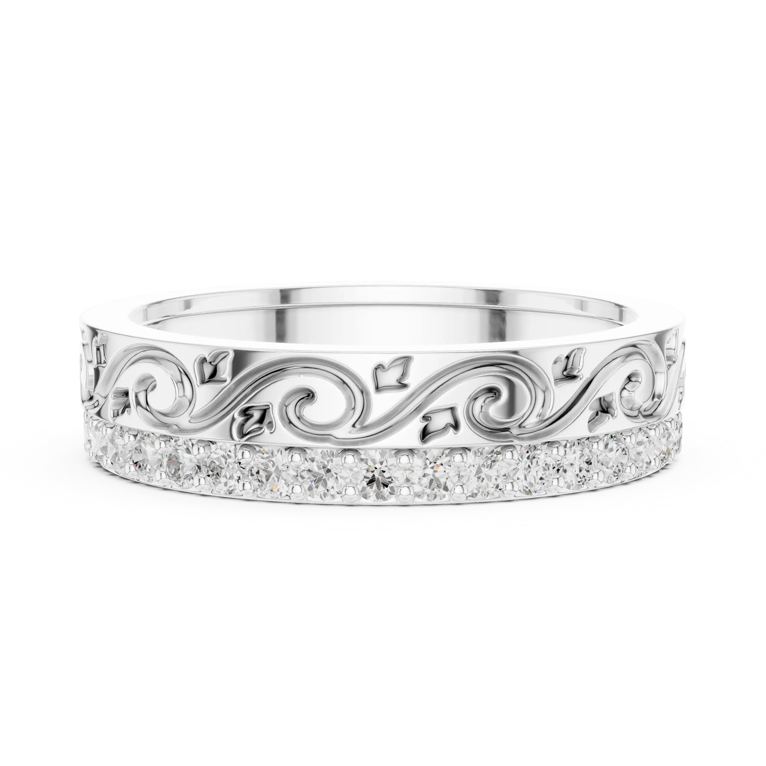 Front-View: Round Diamond Ring with Pave Setting in 14k White Gold - Lab Grown - Driona Jewels