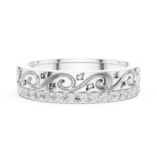Front-View: Round Diamond Ring with Pave Setting in 14k White Gold - Lab Grown - Driona Jewels
