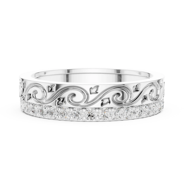 Front-View: Round Diamond Ring with Pave Setting in 14k White Gold - Lab Grown - Driona Jewels
