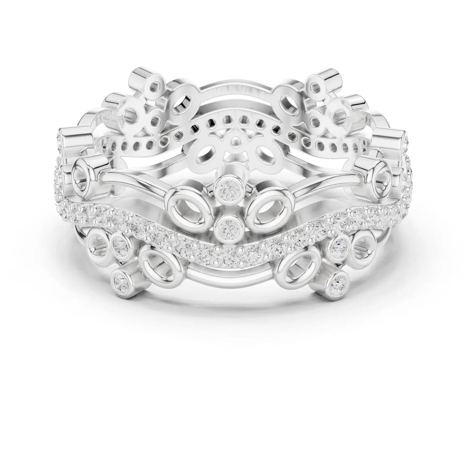 Front-view: Round Diamond Wedding Band with Pave Setting in 14k White Gold - Lab Grown - Driona Jewels