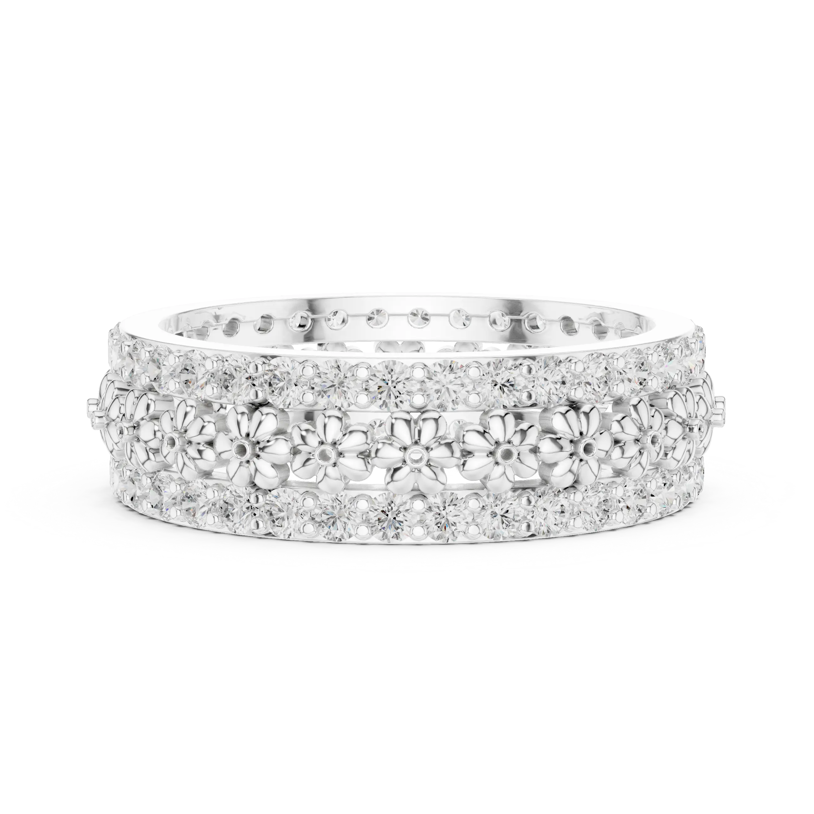 Front-View: Round Diamond Ring with Pave Setting in 14k White Gold - Lab Grown - Driona Jewels