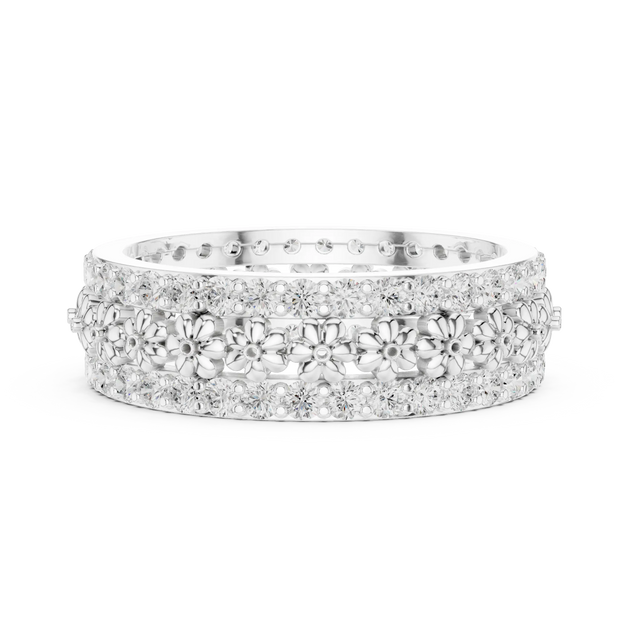 Front-View: Round Diamond Ring with Pave Setting in 14k White Gold - Lab Grown - Driona Jewels