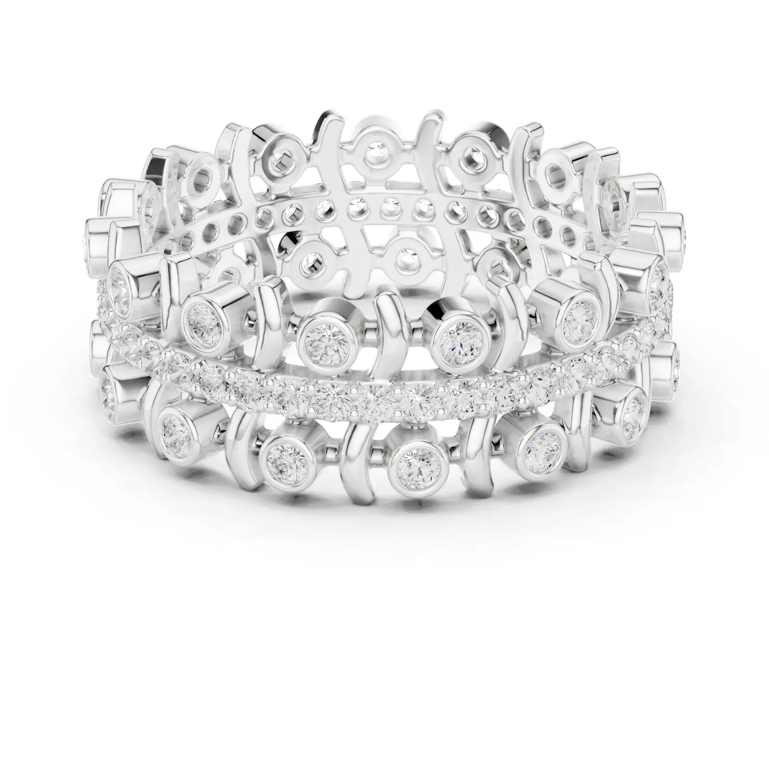 Front-view: Round Diamond Ring with Pave Setting in 14k White Gold - Lab Grown - Driona Jewels