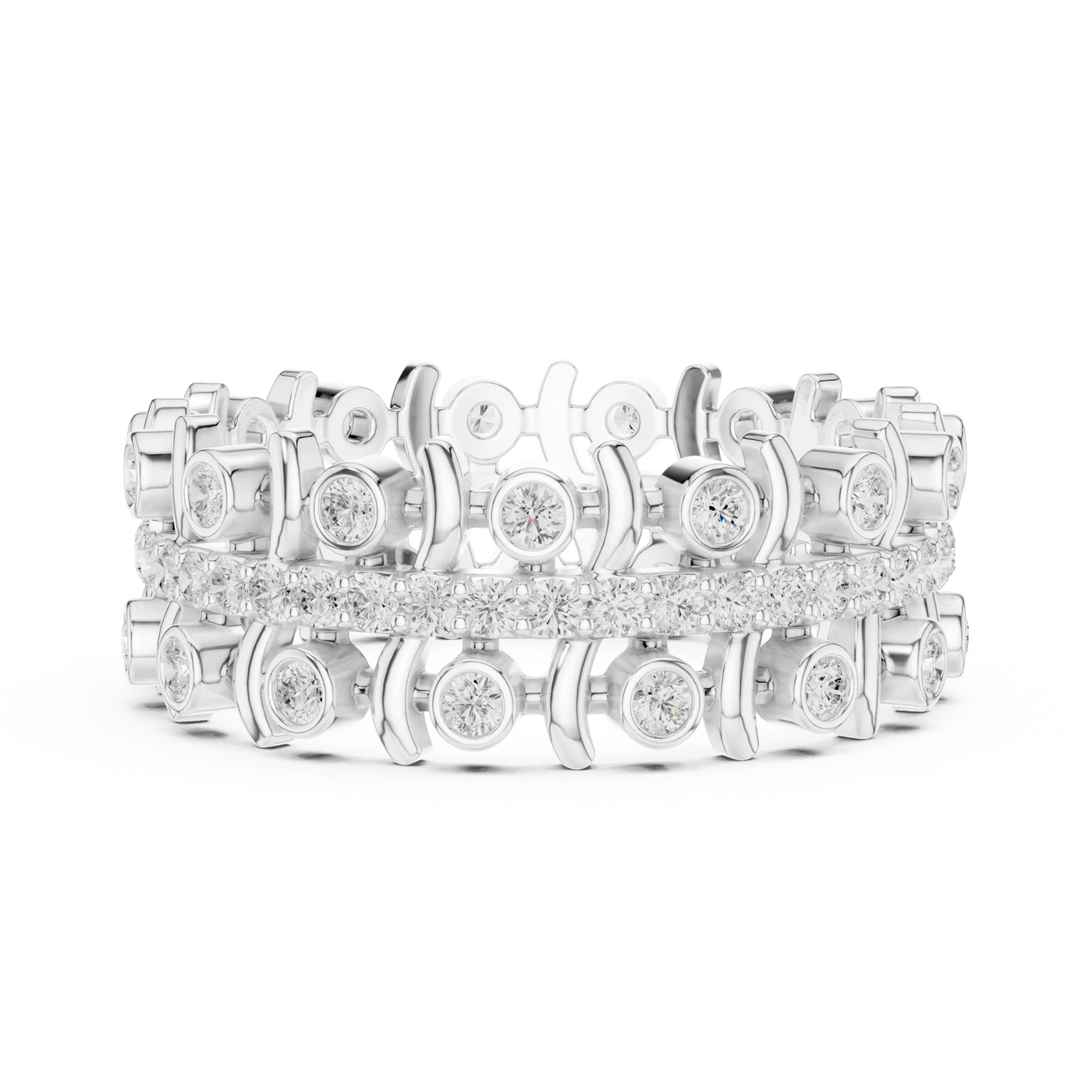 Front-view: Round Diamond Ring with Pave Setting in 14k White Gold - Lab Grown - Driona Jewels