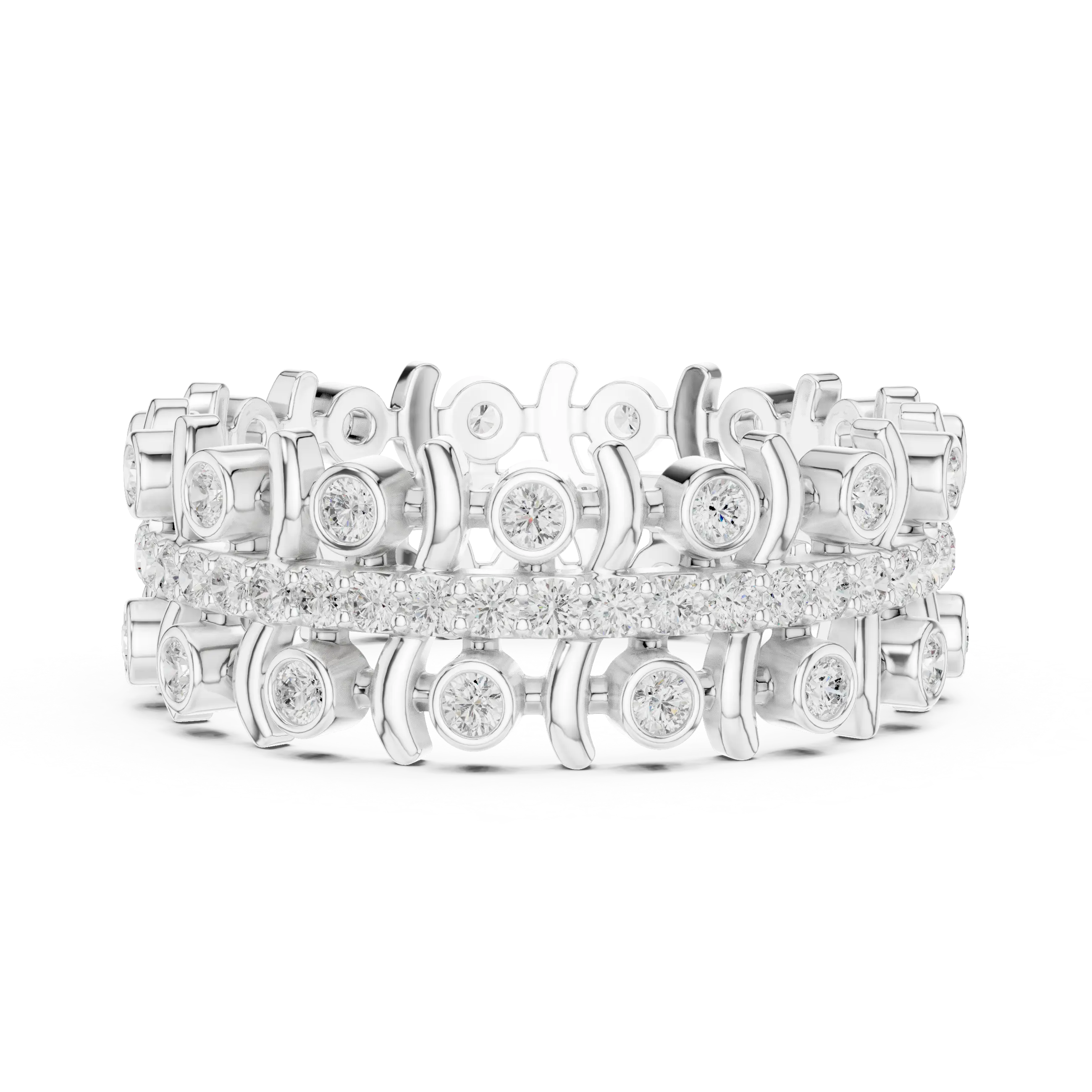 Front-view: Round Diamond Ring with Pave Setting in 14k White Gold - Lab Grown - Driona Jewels