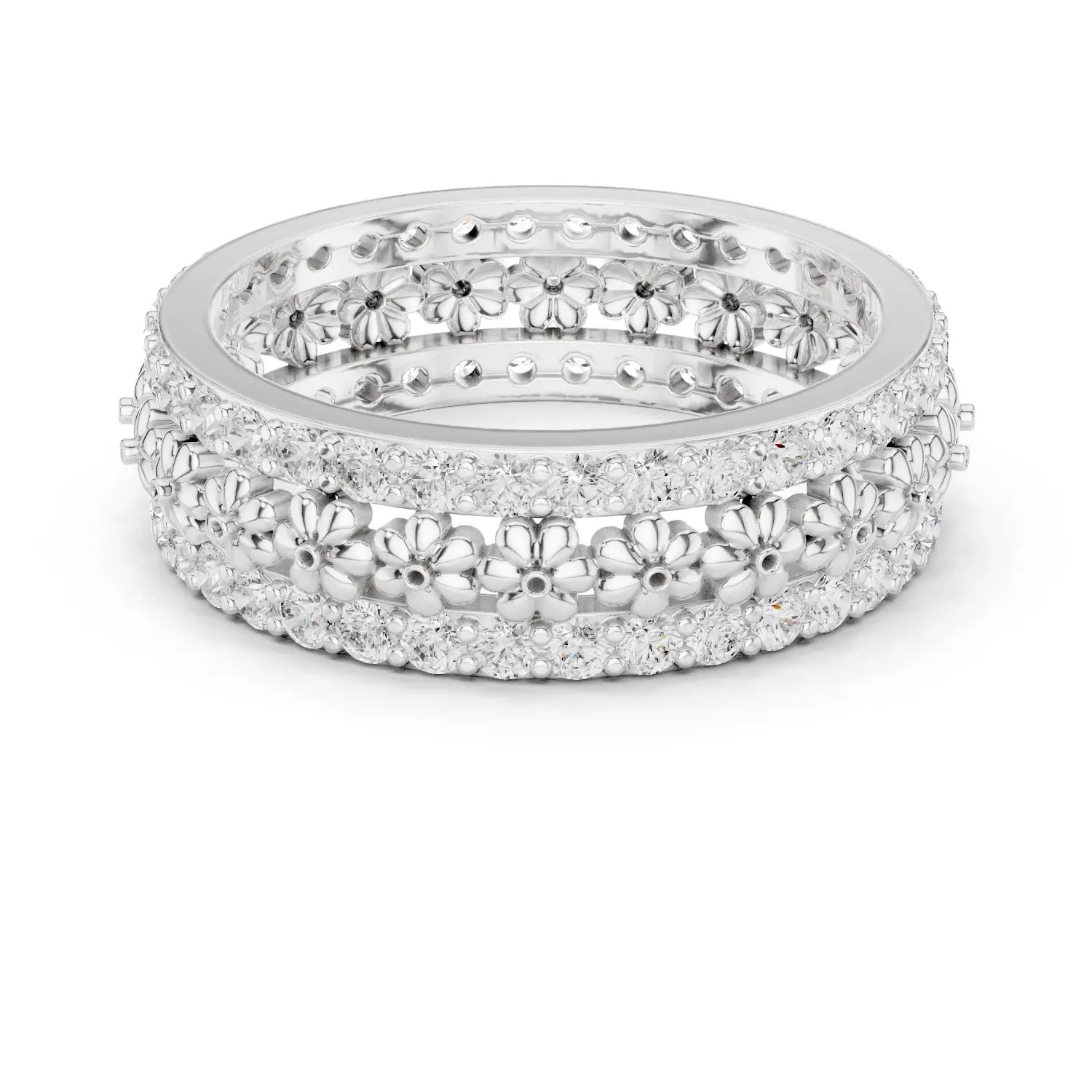 Front-view: Round Diamond Ring with Pave Setting in 14k White Gold - Lab Grown - Driona Jewels
