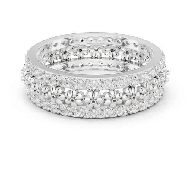 Front-view: Round Diamond Ring with Pave Setting in 14k White Gold - Lab Grown - Driona Jewels