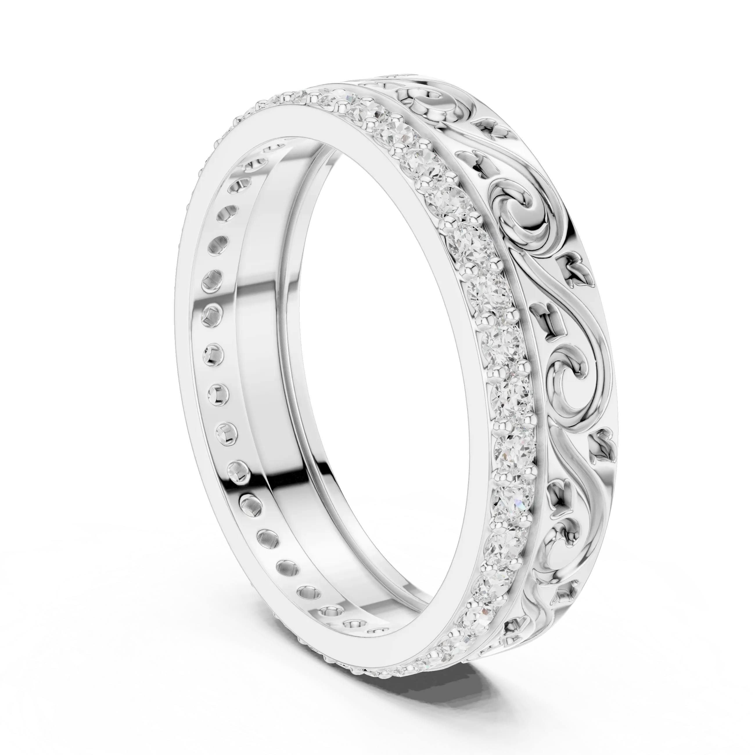 Side-Profile: Round Diamond Ring with Pave Setting in 14k White Gold - Lab Grown - Driona Jewels