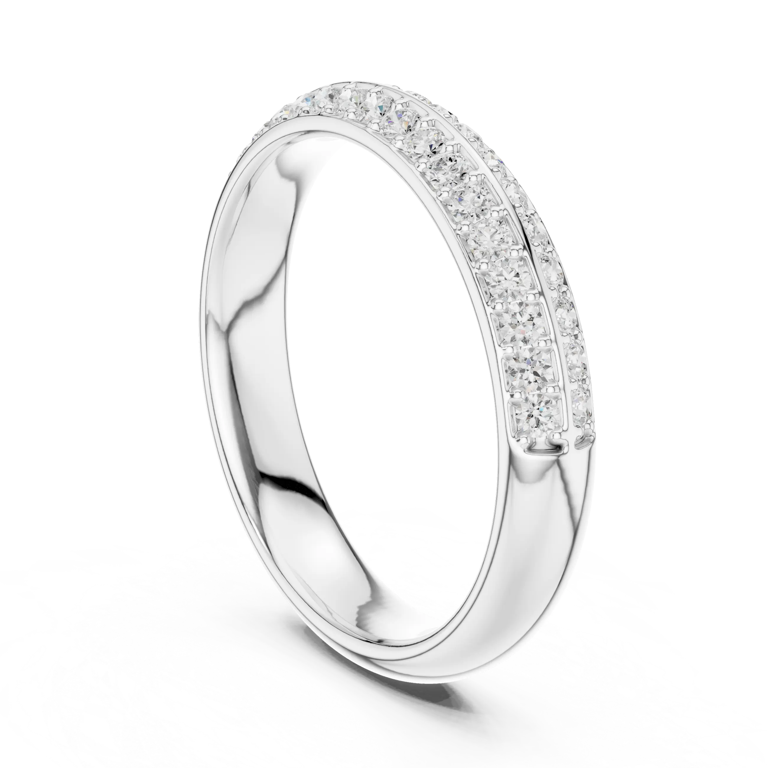 Three-quarter-view: Round Diamond Ring with Pave Setting in 14k White Gold - Lab Grown - Driona Jewels