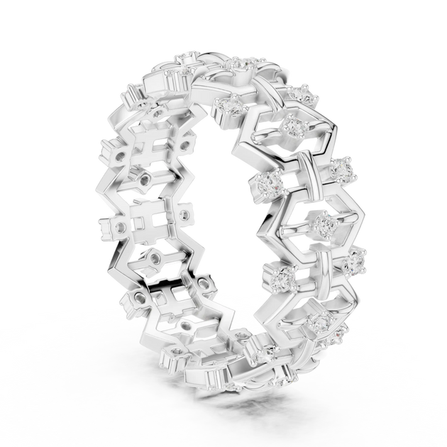 Three-quarter view: Round Diamond Ring with Pave Setting in 14k White Gold - Lab Grown - Driona Jewels