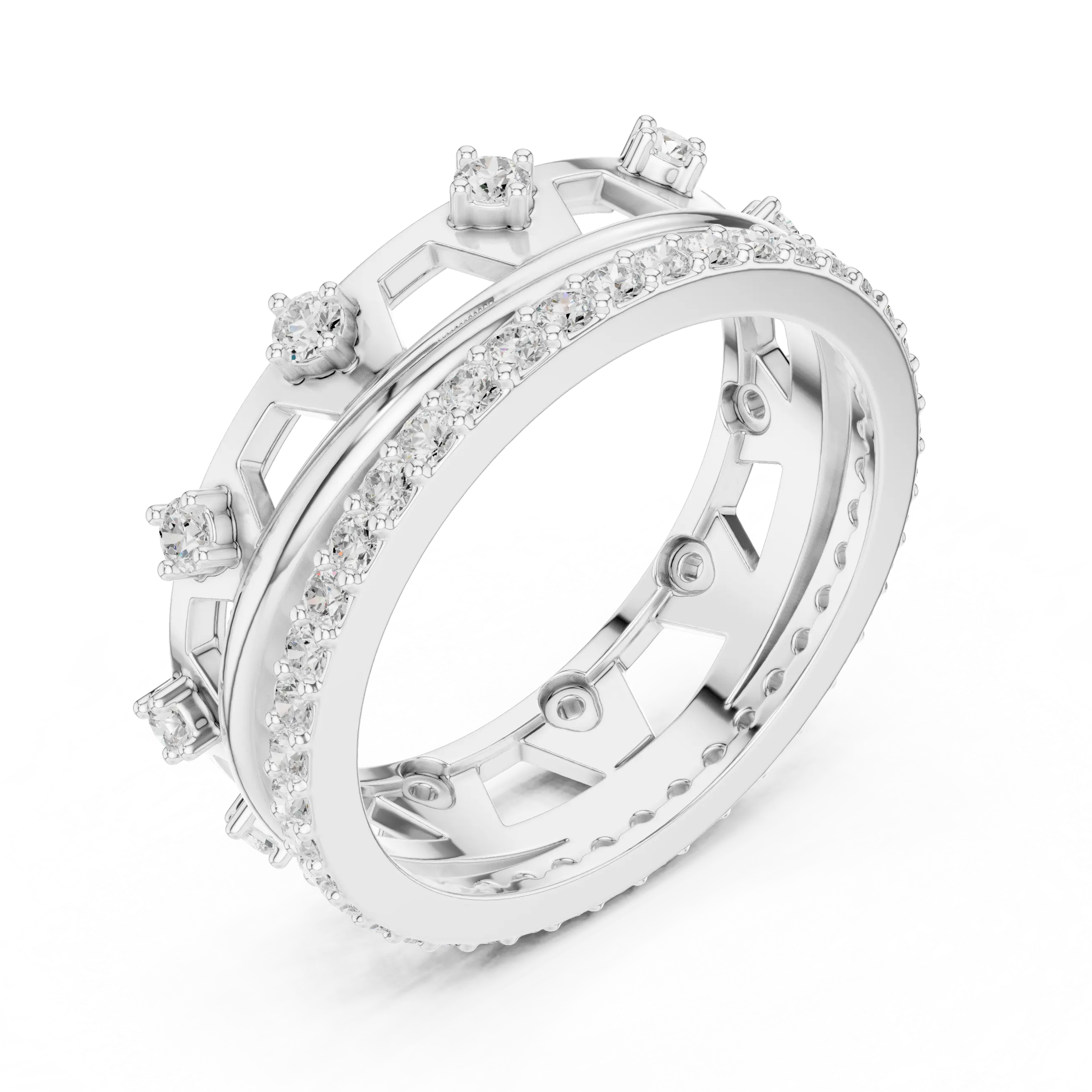 Three-quarter-view: Round Diamond Ring with Pave Setting in 14k White Gold - Lab Grown - Driona Jewels