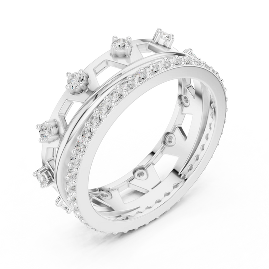 Three-quarter-view: Round Diamond Ring with Pave Setting in 14k White Gold - Lab Grown - Driona Jewels