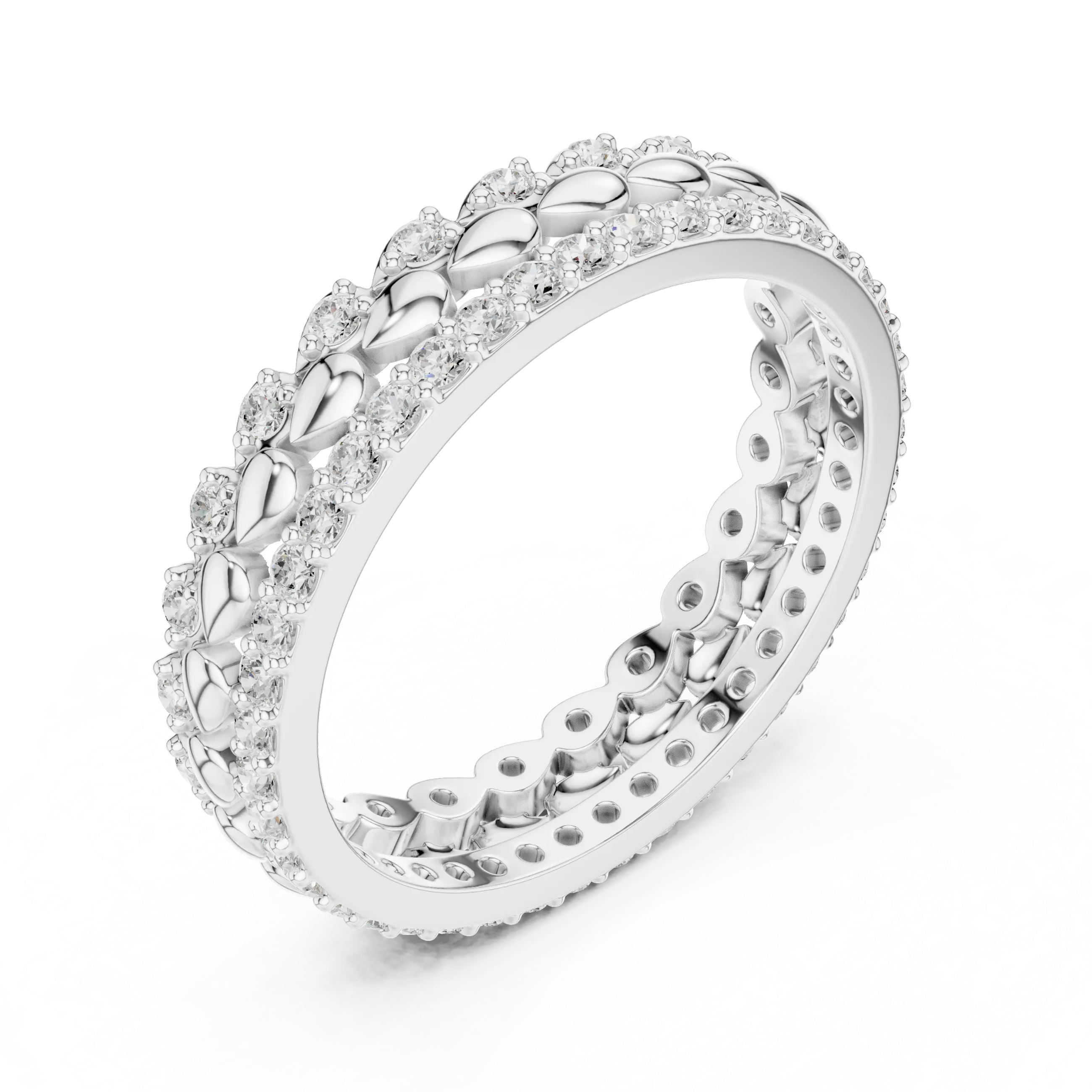 Three-quarter-view: Round Diamond Ring with Pave Setting in 14k White Gold - Lab Grown - Driona Jewels