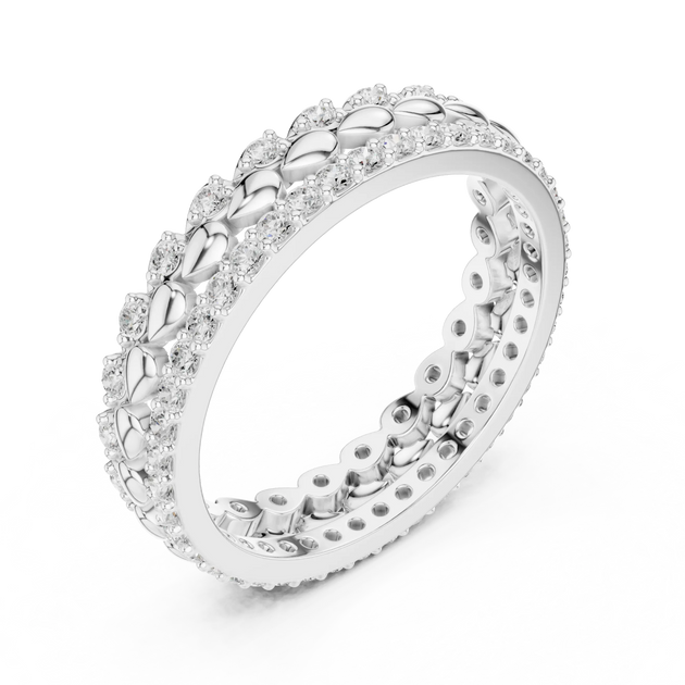 Three-quarter-view: Round Diamond Ring with Pave Setting in 14k White Gold - Lab Grown - Driona Jewels