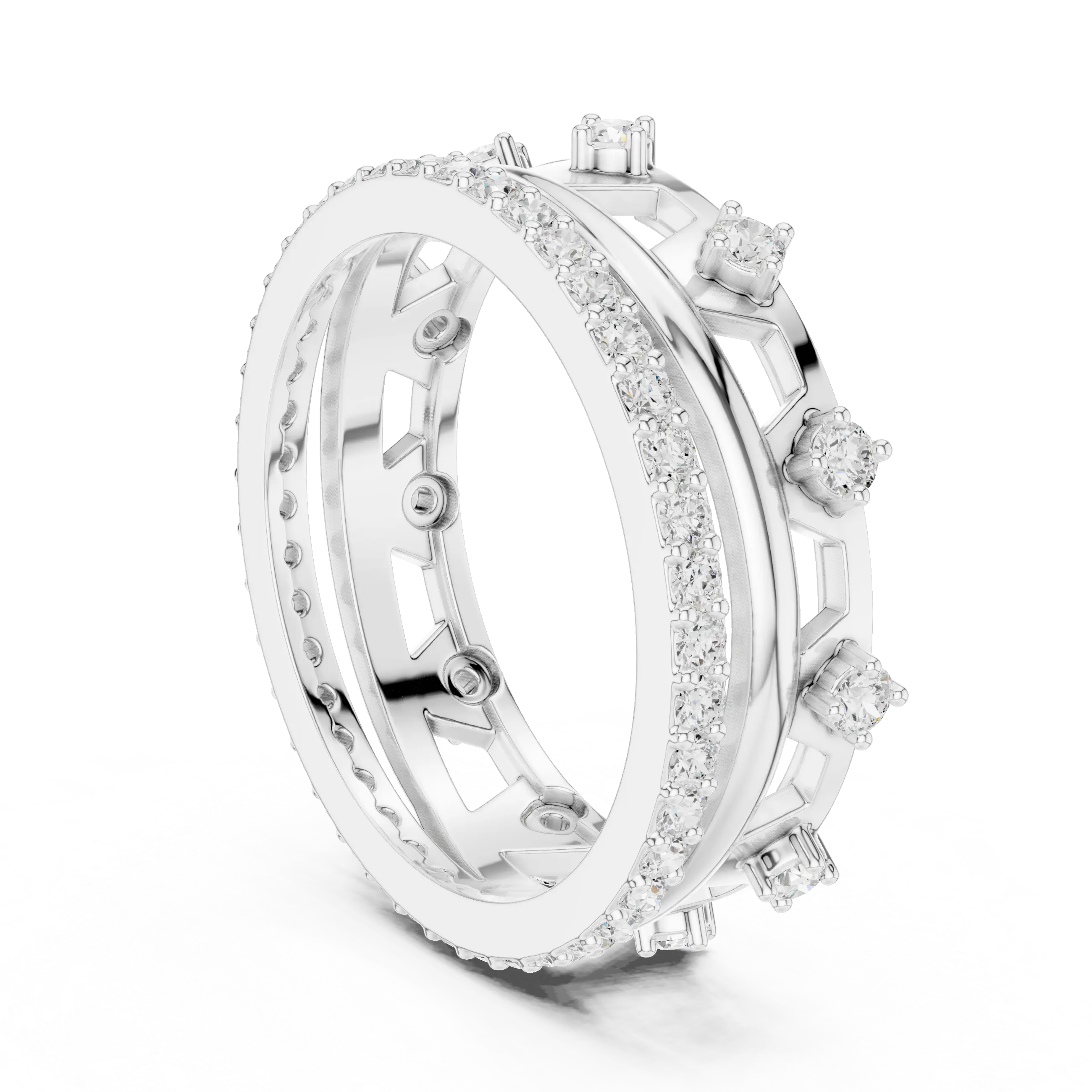 Three-quarter-view: Round Diamond Ring with Pave Setting in 14k White Gold - Lab Grown - Driona Jewels