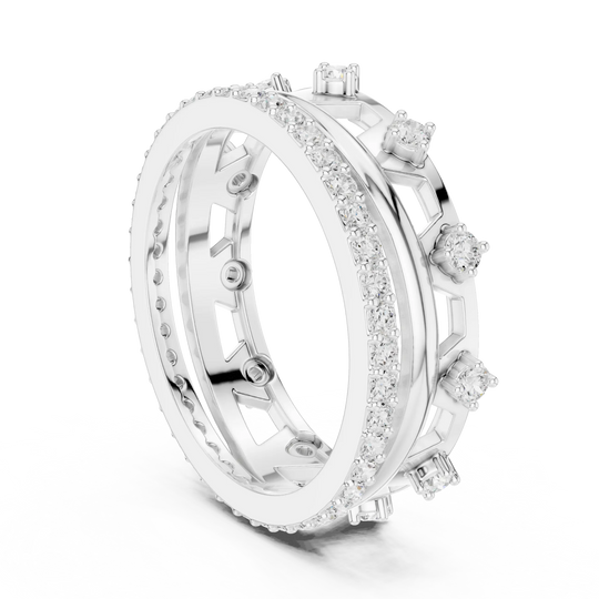 Three-quarter-view: Round Diamond Ring with Pave Setting in 14k White Gold - Lab Grown - Driona Jewels