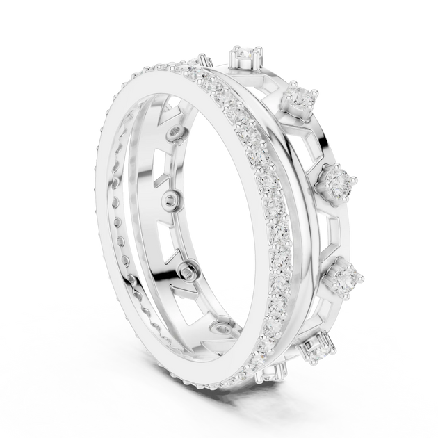 Three-quarter-view: Round Diamond Ring with Pave Setting in 14k White Gold - Lab Grown - Driona Jewels