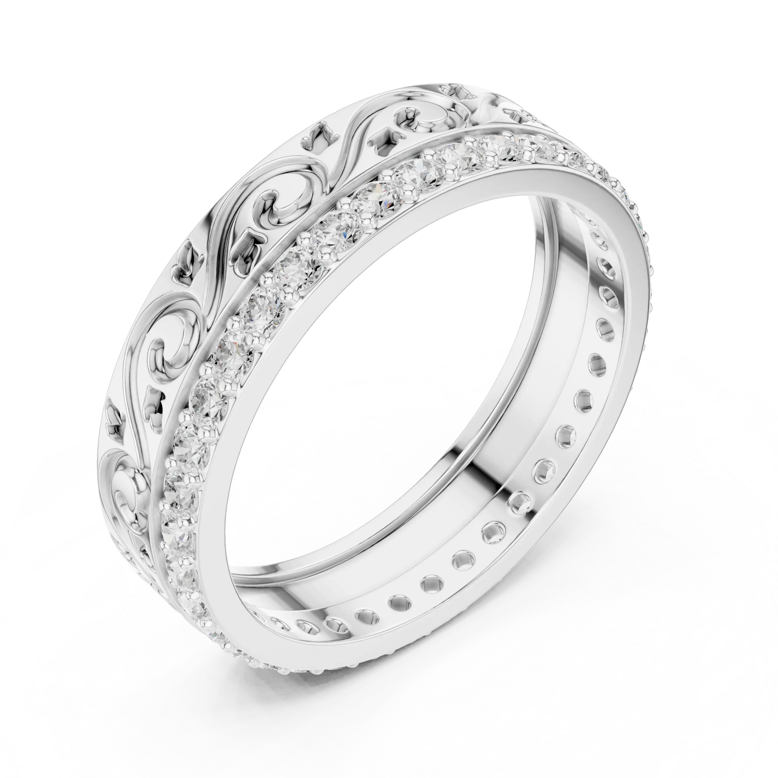Three-quarter-view: Round Diamond Ring with Pave Setting in 14k White Gold - Lab Grown - Driona Jewels