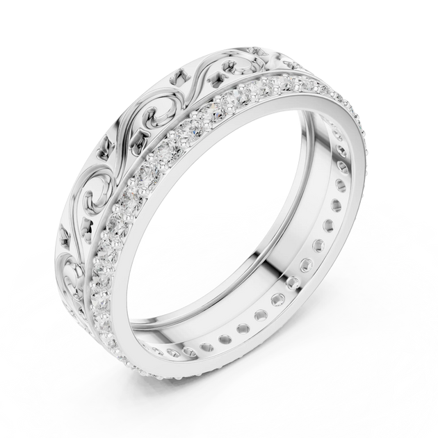 Three-quarter-view: Round Diamond Ring with Pave Setting in 14k White Gold - Lab Grown - Driona Jewels