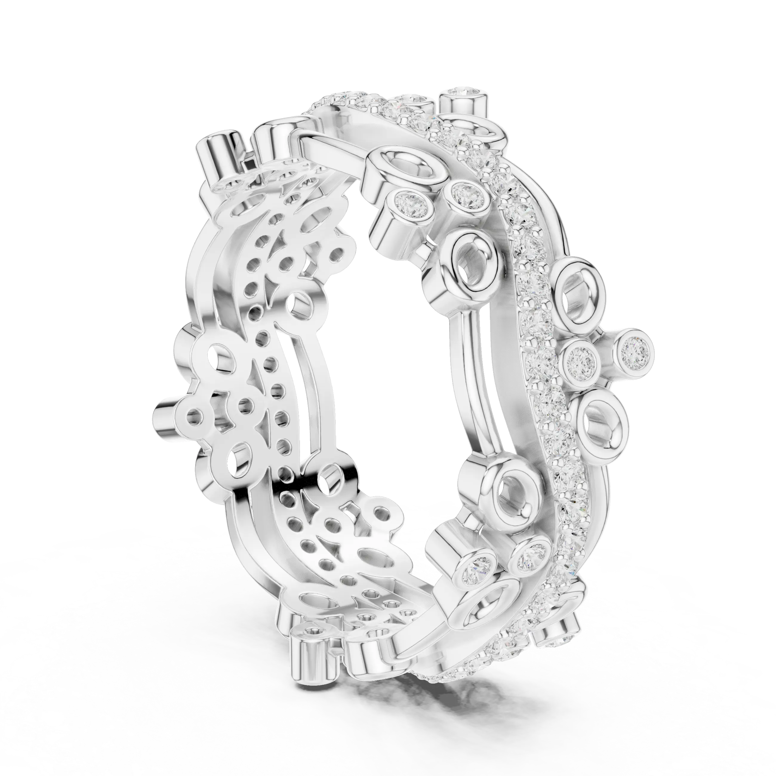Three-quarter-view: Round Diamond Ring with Pave Setting in 14k White Gold - Lab Grown - Driona Jewels