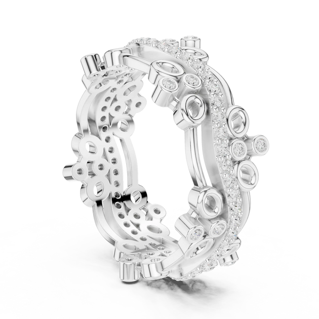 Three-quarter-view: Round Diamond Ring with Pave Setting in 14k White Gold - Lab Grown - Driona Jewels