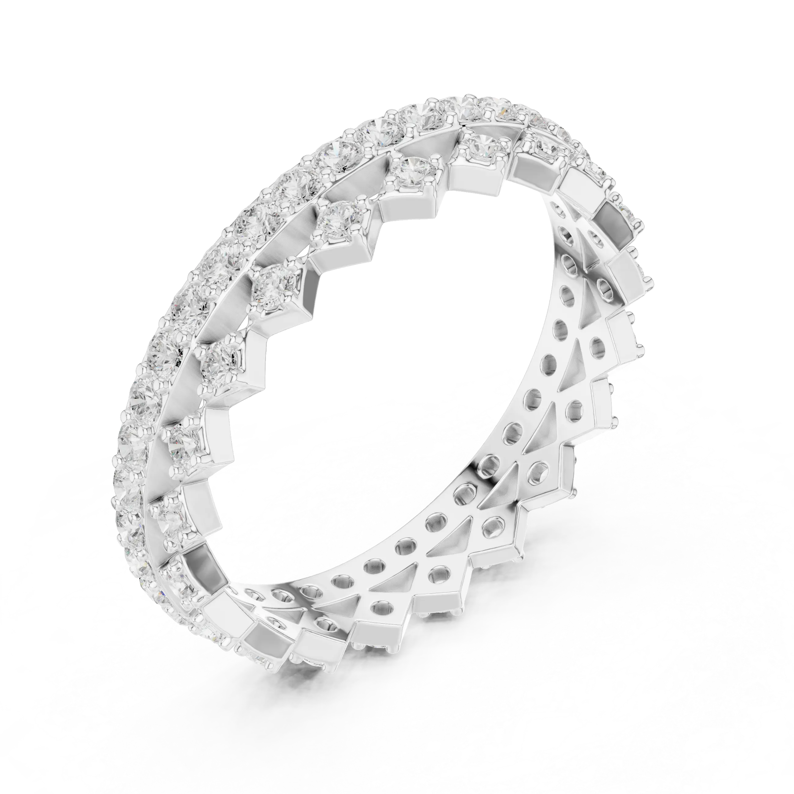 Three-quarter-view: Round Diamond Ring with Pave Setting in 14k White Gold - Lab Grown - Driona Jewels