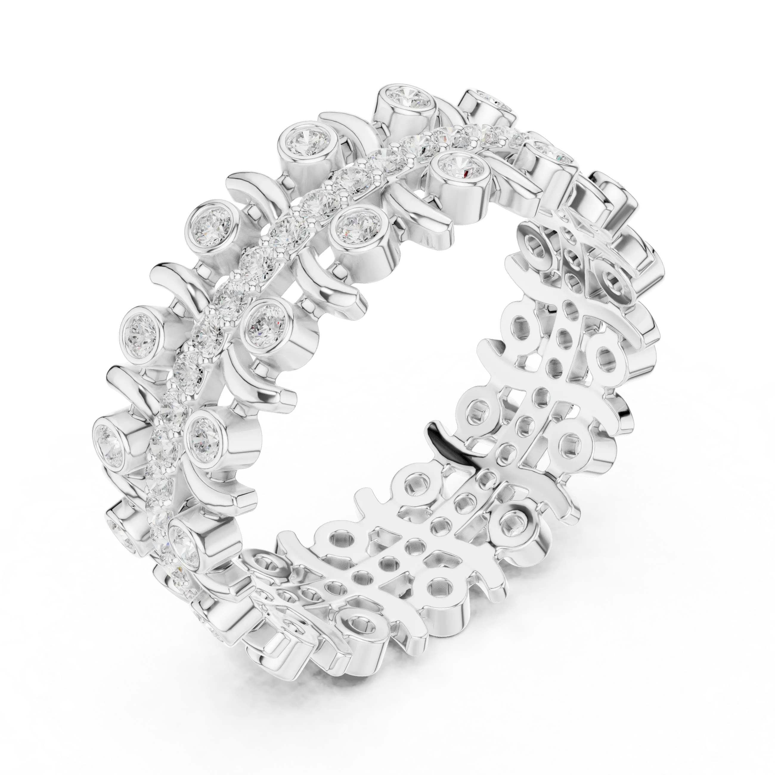 Three-quarter-view: Round Diamond Ring with Pave Setting in 14k White Gold - Lab Grown - Driona Jewels