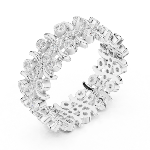 Three-quarter-view: Round Diamond Ring with Pave Setting in 14k White Gold - Lab Grown - Driona Jewels