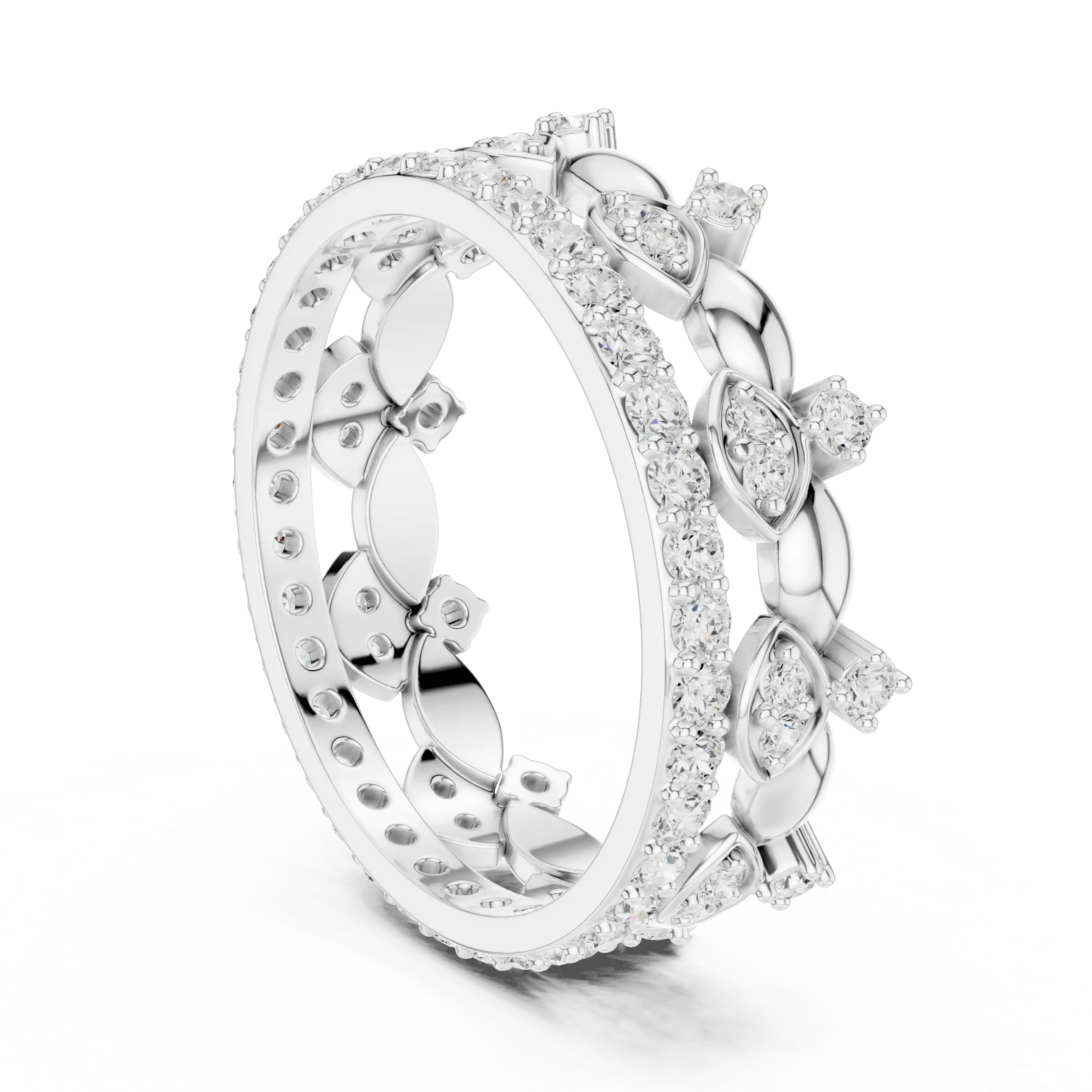 Three-quarter-view: Round Diamond Ring with Pave Setting in 14k White Gold - Lab Grown - Driona Jewels