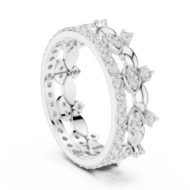 Three-quarter-view: Round Diamond Ring with Pave Setting in 14k White Gold - Lab Grown - Driona Jewels