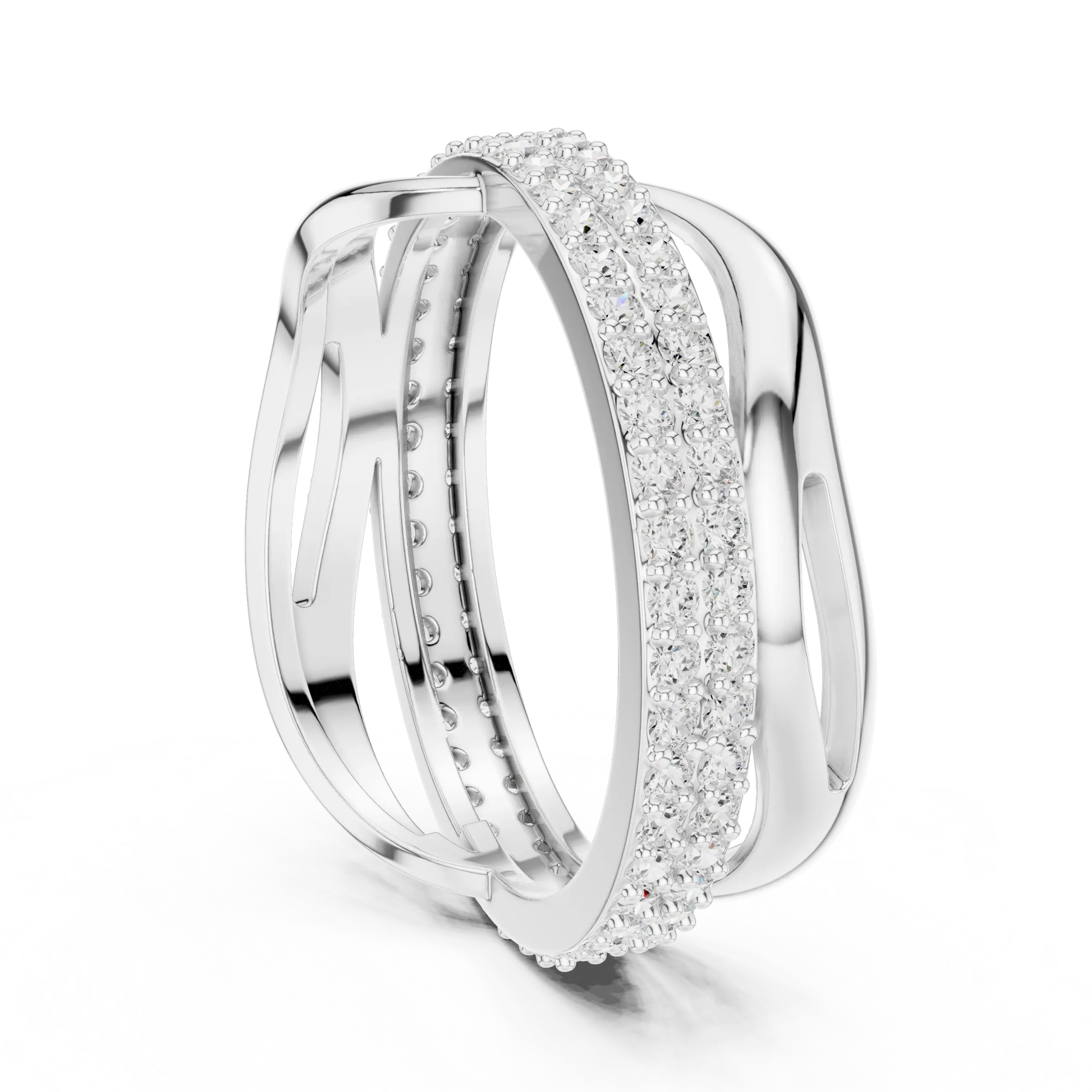 Three-quarter-view: Round Diamond Ring with Pave Setting in 14k White Gold - Lab Grown - Driona Jewels