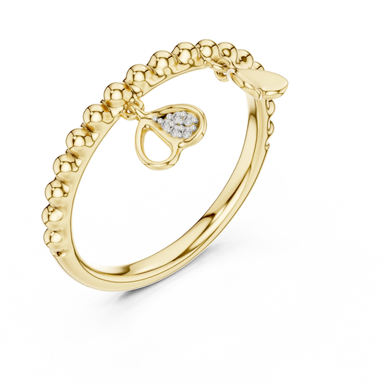 Angle view of a yellow gold beaded ring with a diamond-set heart charm: Round Diamond Ring with Pave Setting in 14K Yellow Gold – Lab Grown – Driona Jewels
