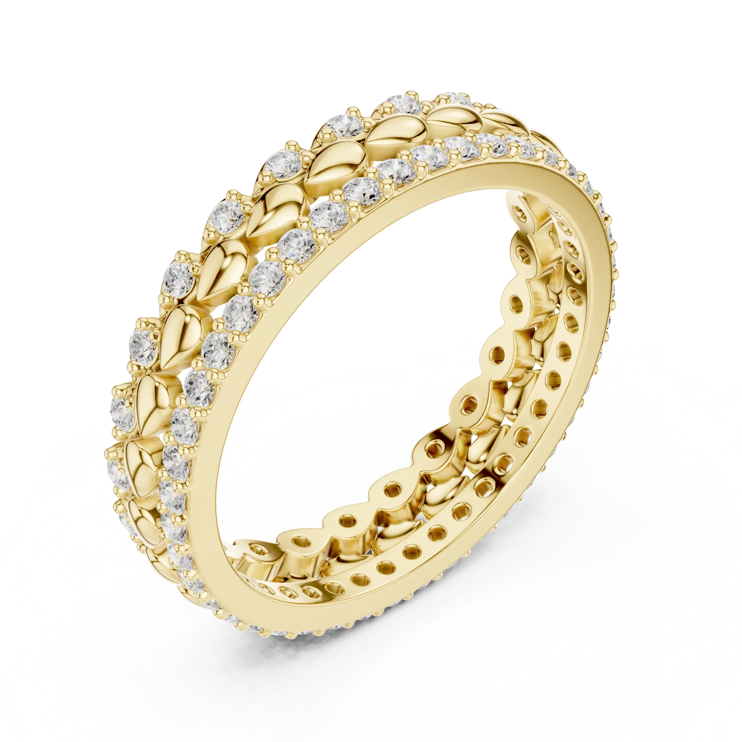 Band Detail: Round Diamond Ring with Pave Setting in 14k Yellow Gold - Lab Grown - Driona Jewels