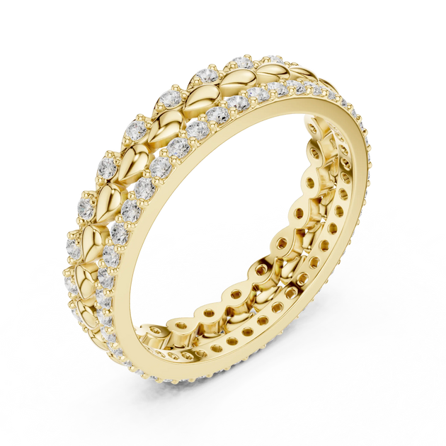 Band Detail: Round Diamond Ring with Pave Setting in 14k Yellow Gold - Lab Grown - Driona Jewels