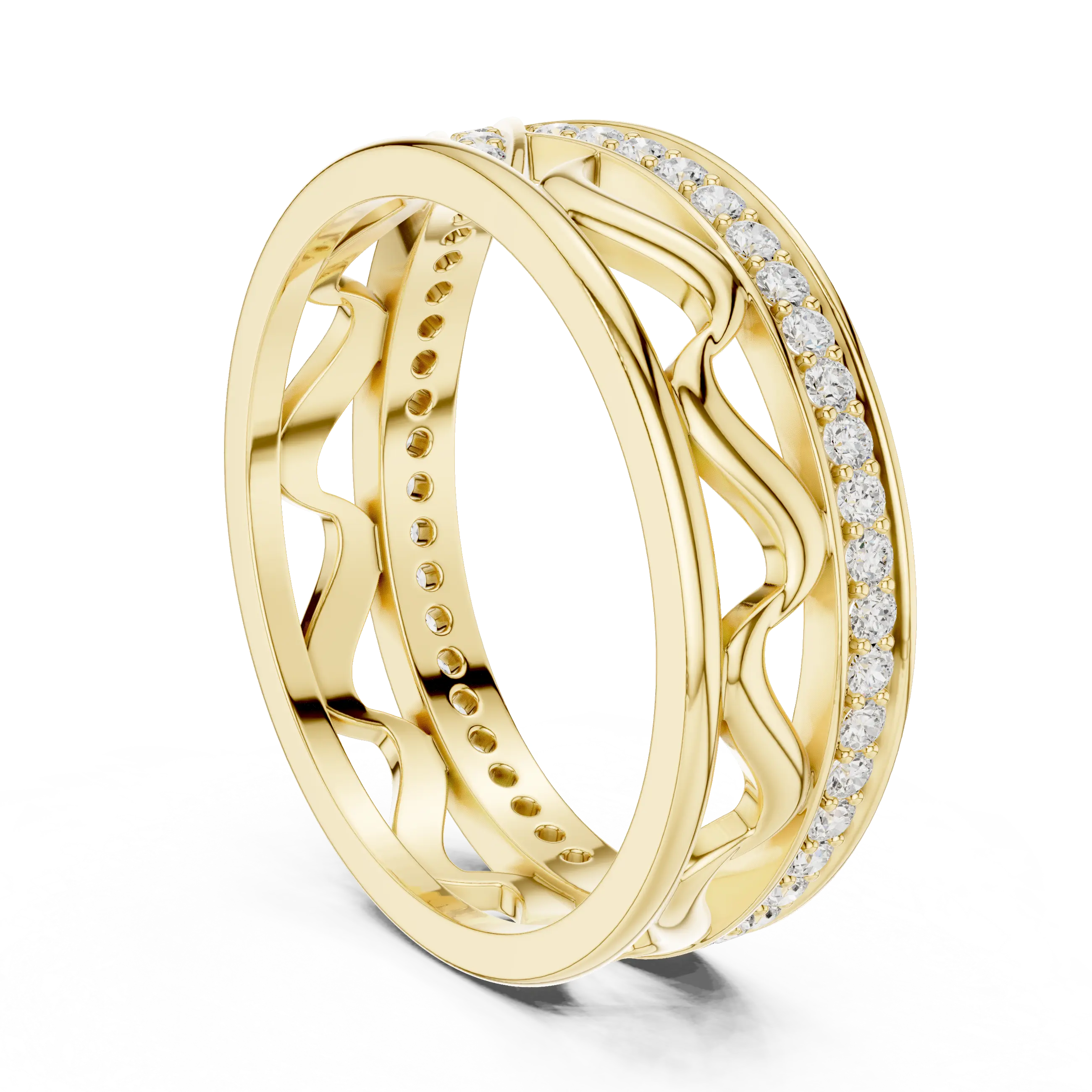 Band Detail: Round Diamond Ring with Pave Setting in 14k Yellow Gold - Lab Grown - Driona Jewels