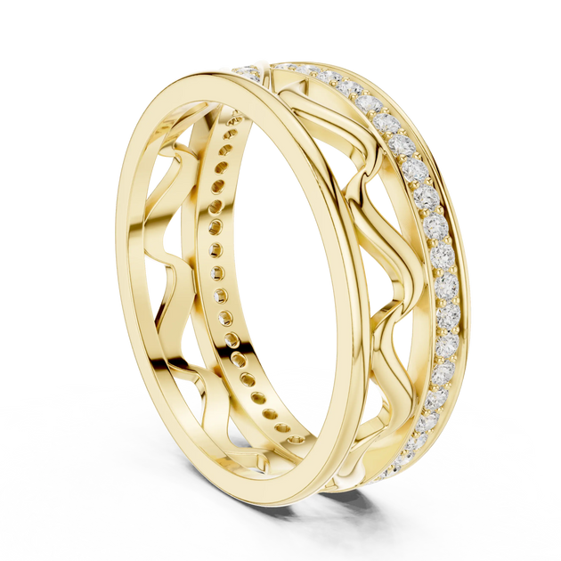 Band Detail: Round Diamond Ring with Pave Setting in 14k Yellow Gold - Lab Grown - Driona Jewels