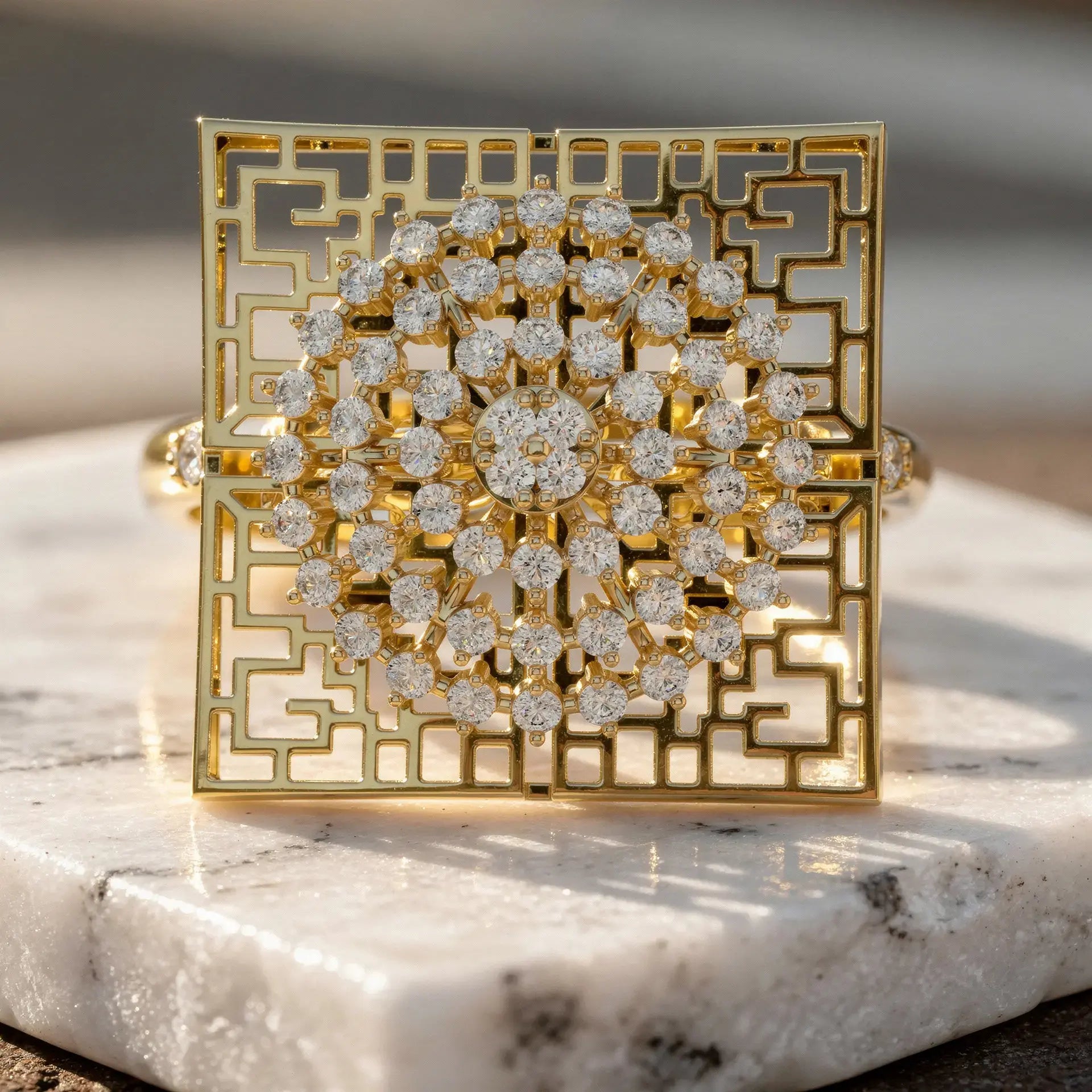 Close-up: Round Diamond Ring with Pave Setting in 14k Yellow Gold - Lab Grown - Driona Jewels