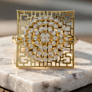 Close-up: Round Diamond Ring with Pave Setting in 14k Yellow Gold - Lab Grown - Driona Jewels
