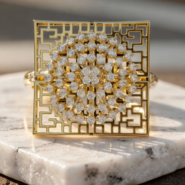 Close-up: Round Diamond Ring with Pave Setting in 14k Yellow Gold - Lab Grown - Driona Jewels