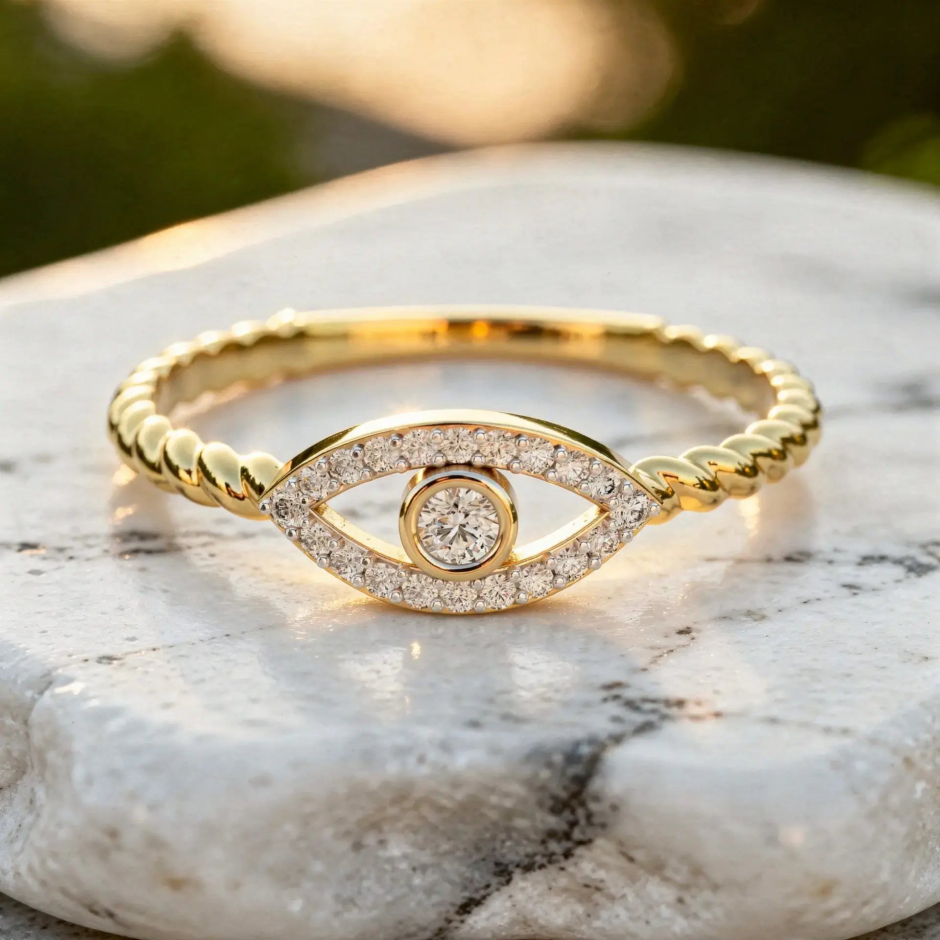 Close-up: Round Diamond Ring with Pave Setting in 14k Yellow Gold - Lab Grown - Driona Jewels
