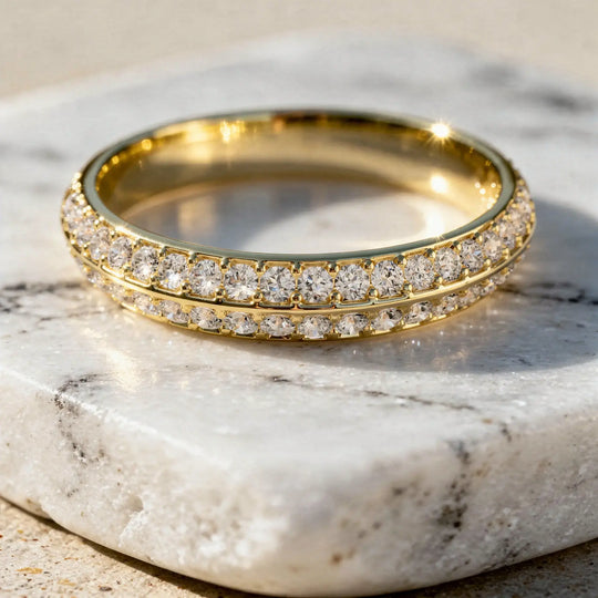 Close-up: Round Diamond Ring with Pave Setting in 14k Yellow Gold - Lab Grown - Driona Jewels