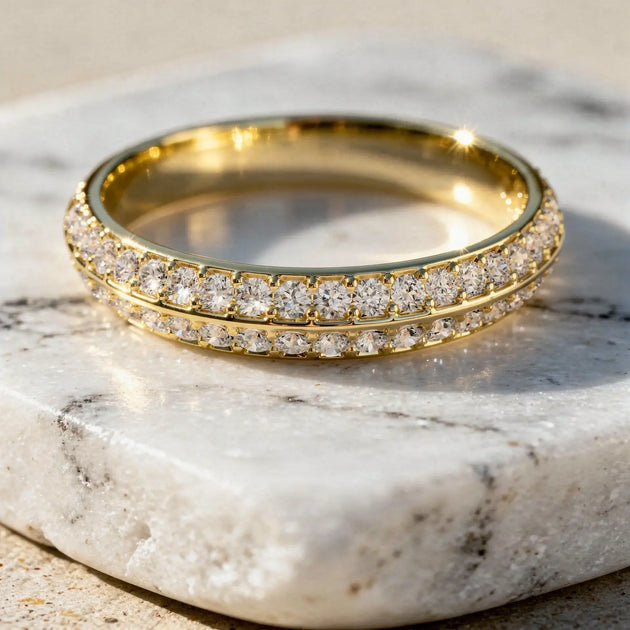 Close-up: Round Diamond Ring with Pave Setting in 14k Yellow Gold - Lab Grown - Driona Jewels