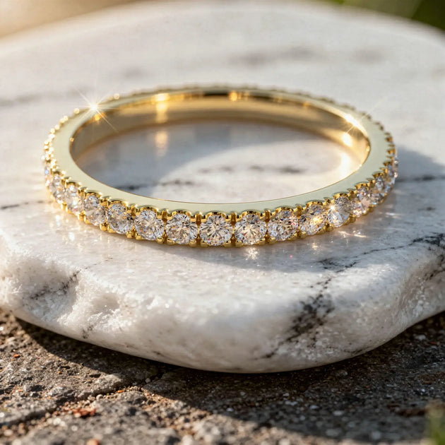 Close-up: Round Diamond Ring with Pave Setting in 14k Yellow Gold - Lab Grown - Driona Jewels