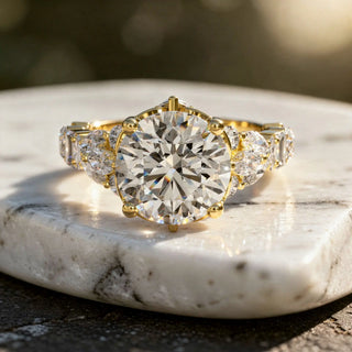 Close-up: Round Diamond Ring with Pave Setting in 14k Yellow Gold - Lab Grown - Driona Jewels